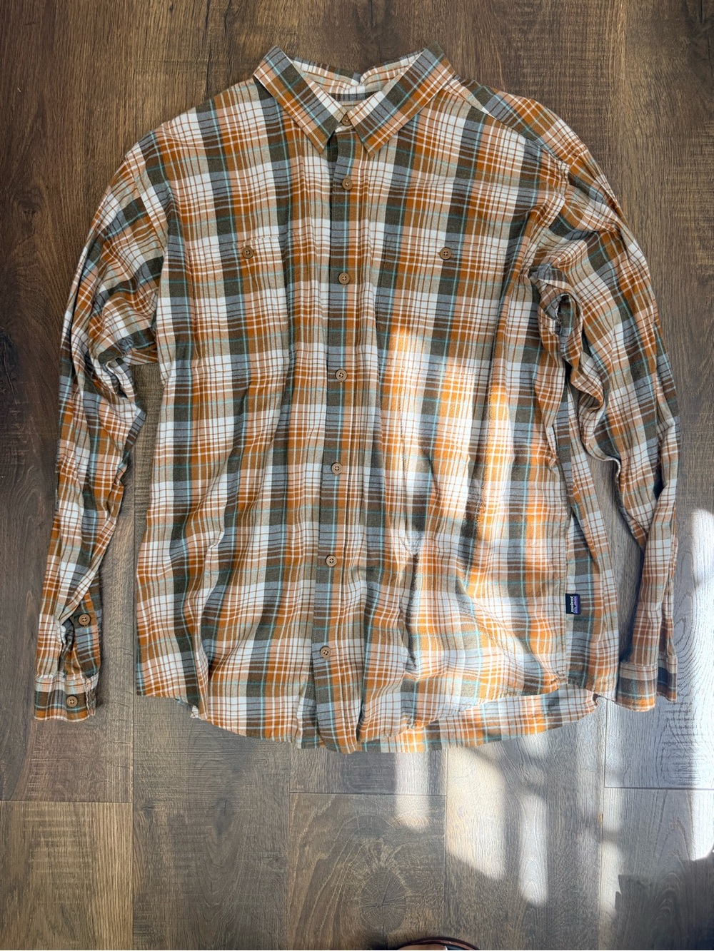 Patagonia Orange, White & Green Plaid Long-Sleeve Button-Down Shirt